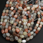 Multicolor Peach Gray White Moonstone Nugget Beads Large Chunky Freeform Rectangle Nuggets Silvery Chatoyant Natural Moonstone 16" Strand