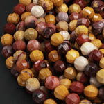 New Cut! Lantern Faceted Natural Australian Mookaite Jasper Beads 9mm Large Facets Sunset Colors Red Yellow Maroon Red Beige 16" Strand
