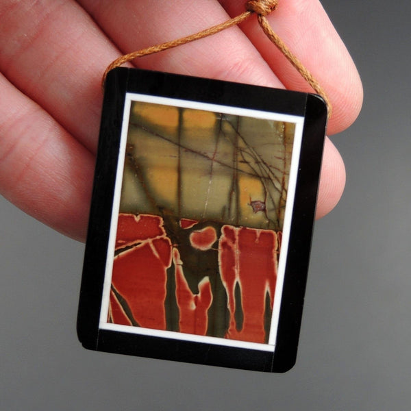 Intarsia Pendant Natural Red Creek Jasper W Black Onyx Inlay Side Drilled Rectangle Pendant Multi Color Picasso Jasper Picture Frame P1463