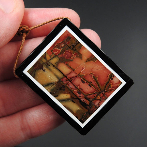 Intarsia Pendant Natural Red Creek Jasper W Black Onyx Inlay Side Drilled Rectangle Pendant Multi Color Picasso Jasper Picture Frame P1462