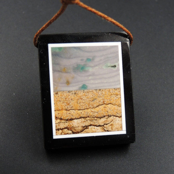 Intarsia Pendant Natural Polychrome Ocean Jasper Desert Jasper W Black Onyx Inlay Side Drilled Rectangle Pendant Picture Frame P1474
