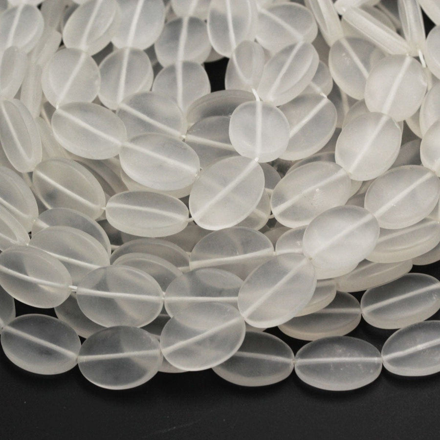 Matte Rock Crystal Quartz Beads Oval Smooth Flat Beads Natural Clear White Crystal Bead Good for Earrings 16" Strand
