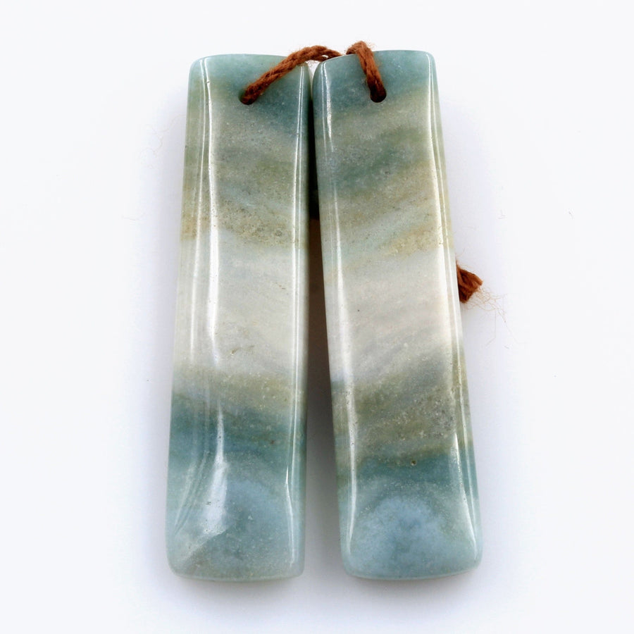 Drilled Natural Green Mountain Jade Earring Pair Rectangle Cabochon Cab Pair Matched Gemstone Earrings Bead Pair
