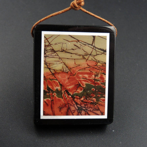 Intarsia Pendant Natural Red Creek Jasper W Black Onyx Inlay Side Drilled Rectangle Pendant Multi Color Picasso Jasper Picture Frame P1469