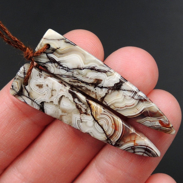 Natural Laguna Lace Agate Earring Pair Dagger Cabochon Cab Drilled Matched Earrings Bead Pair E3344