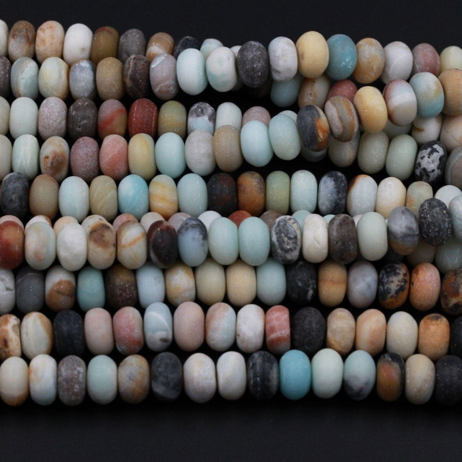 Matte Amazonite 10mm x 6mm Rondelle A Grade Matte Natural Multi Color Multicolor Amazonite Blue Green Red Yellow Black Brown Bead 16" Strand