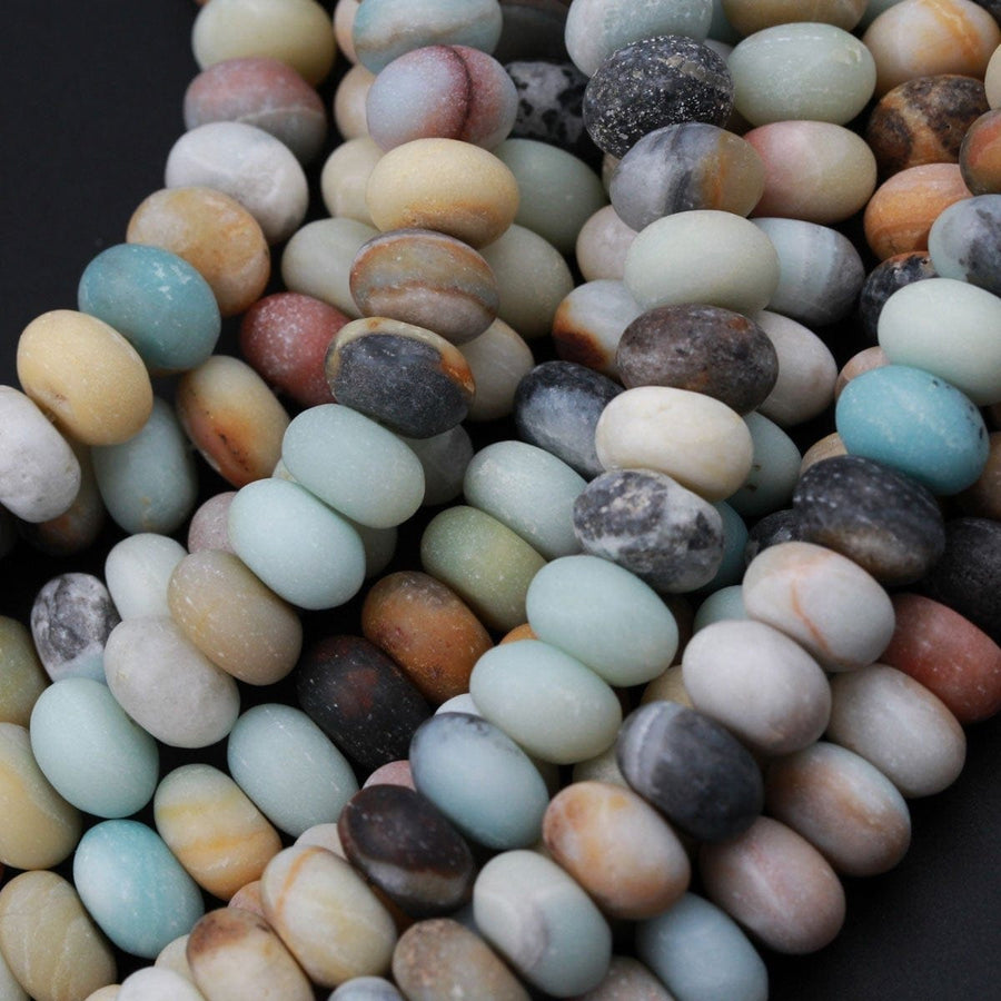 Matte Amazonite 10mm x 6mm Rondelle A Grade Matte Natural Multi Color Multicolor Amazonite Blue Green Red Yellow Black Brown Bead 16" Strand