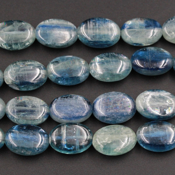 Rare Bicolor Natural Blue Green Kyanite Oval Beads Chatoyant Silvery Gemstone 15.5" Strand