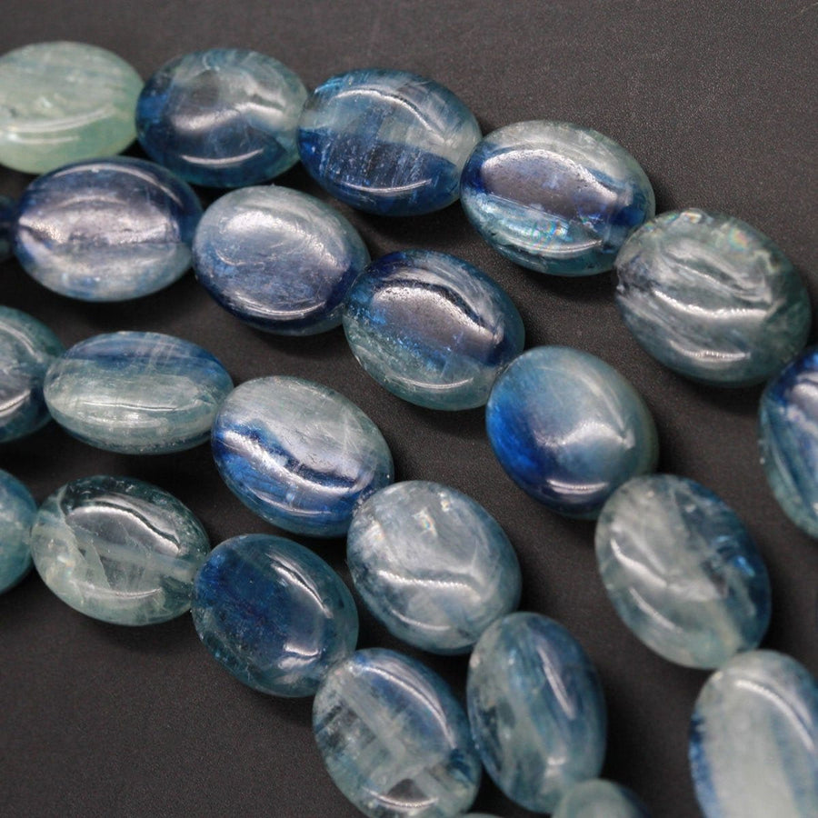 Rare Bicolor Natural Blue Green Kyanite Oval Beads Chatoyant Silvery Gemstone 15.5" Strand
