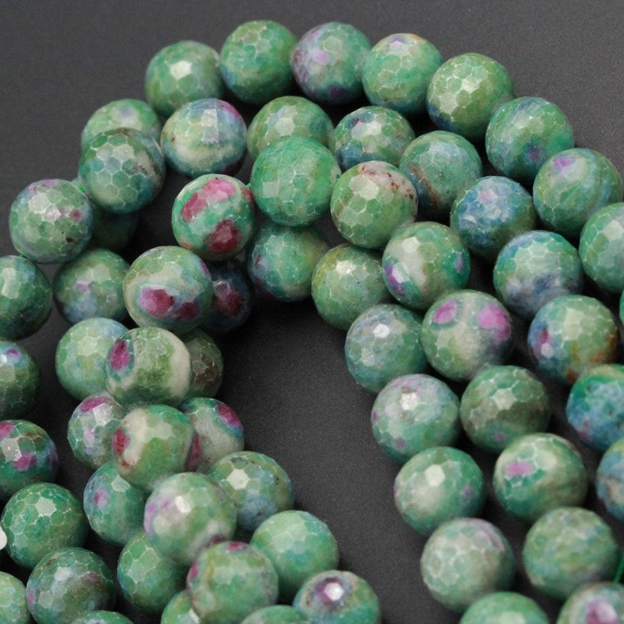 Large Faceted Natural Ruby Fuchsite Beads Round 10mm 12mm Faceted Round Beads Red Ruby Green Fuchsite Gemstone Fuschite 16" Strand