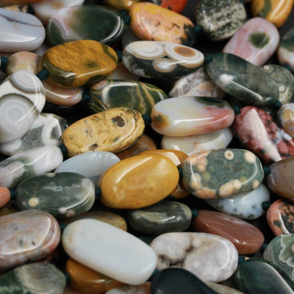 Natural Ocean Jasper Beads Smooth Oval Pebble Freeform Nuggets Vibrant Green Yellow Red Orbs Eyes High Quality Gemstone 16" Strand