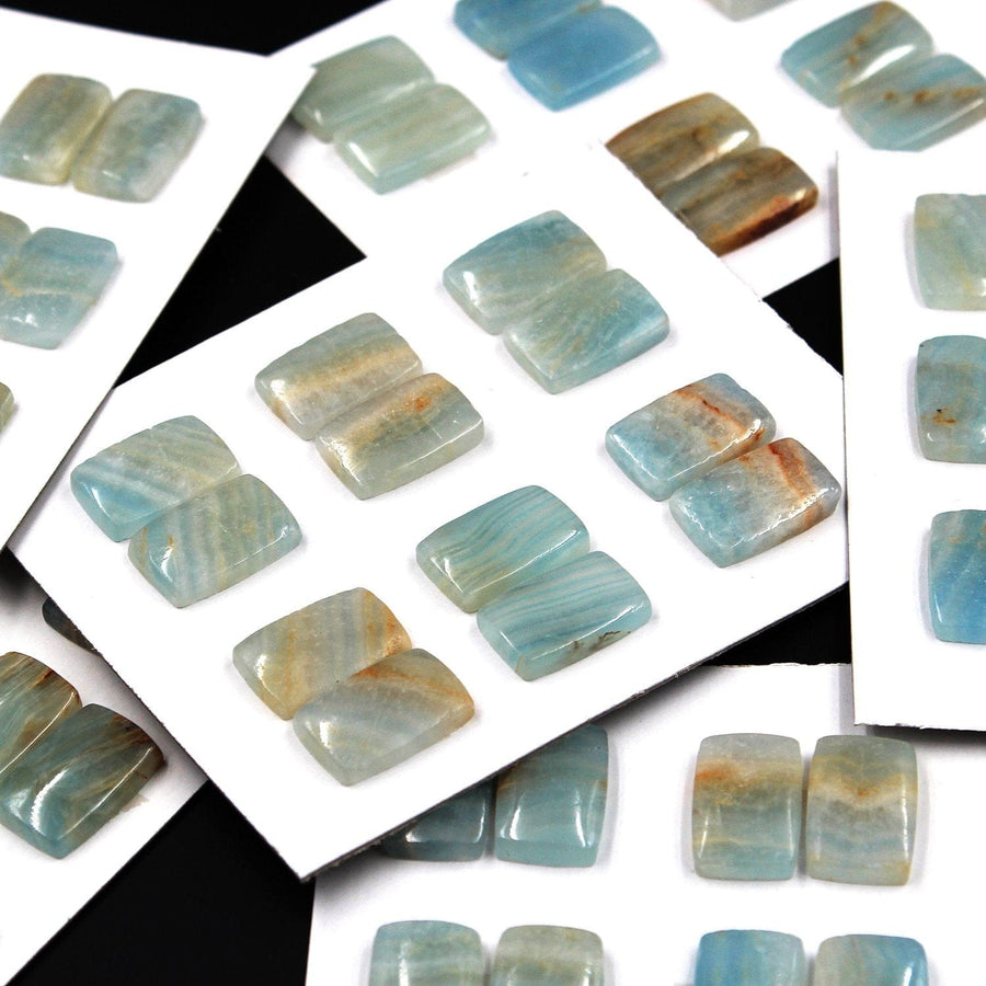 Rare Natural Blue Calcite Cabochon Cab Matched Earring Pair Rectangle 12mm x 18mm Undrilled Good For Earrings Ring Pillow Cushion Cut