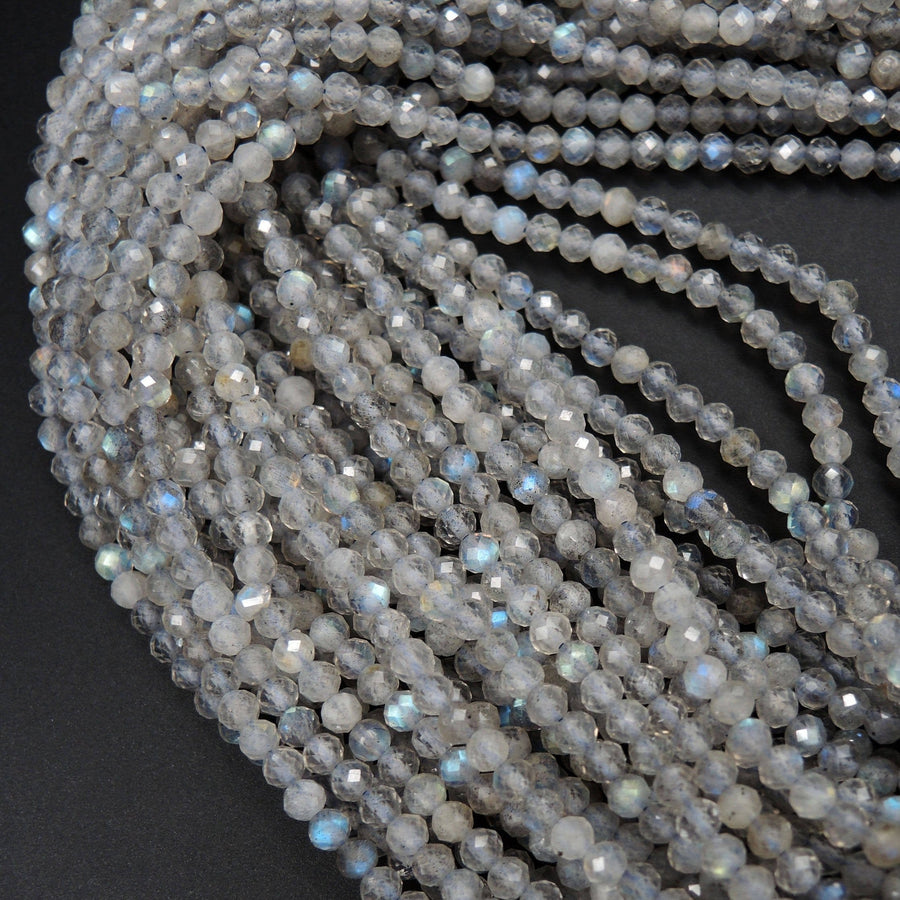 Micro Faceted Tiny Natural Light Grey Labradorite Round Beads 3.5mm Faceted Round Beads 16" Strand