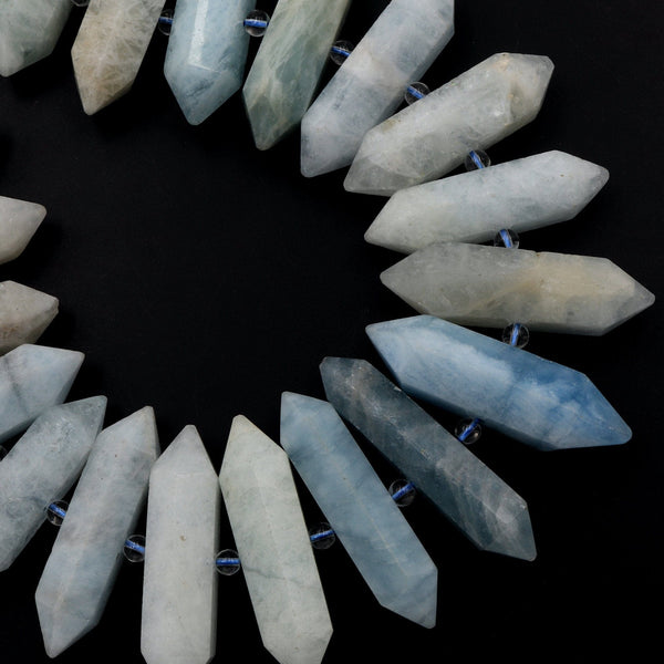 Natural Aquamarine Beads Faceted Double Terminated Pointed Tips Large Drilled Real Genuine Soft Blue Aquamarine Focal Pendant 16" Strand