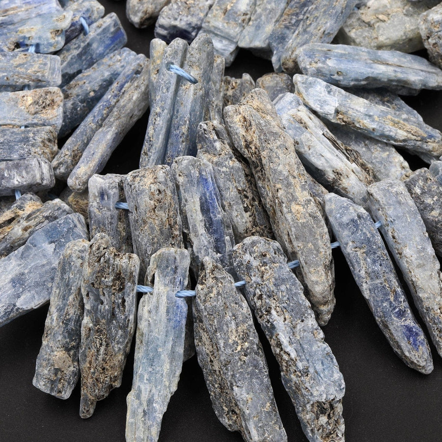 Rough Raw Natural Kyanite Beads Soft Silvery Blue Kyanite Unpolished Freeform Irregular Long Thick Spike Rectangle Gemstone 16" Strand
