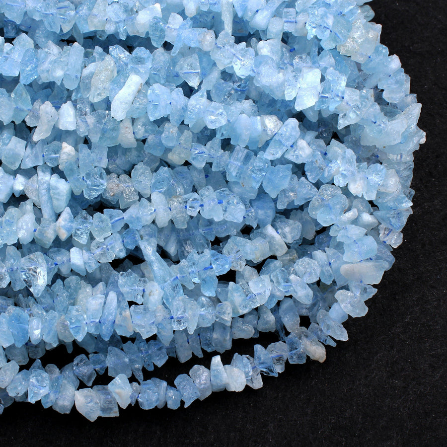 Rough Raw Natural Aquamarine Beads Freeform Nuggets Hand Hammered Chiseled Blue Aquamarine Gemstone Organic Cut Blue Beryl 16" Strand