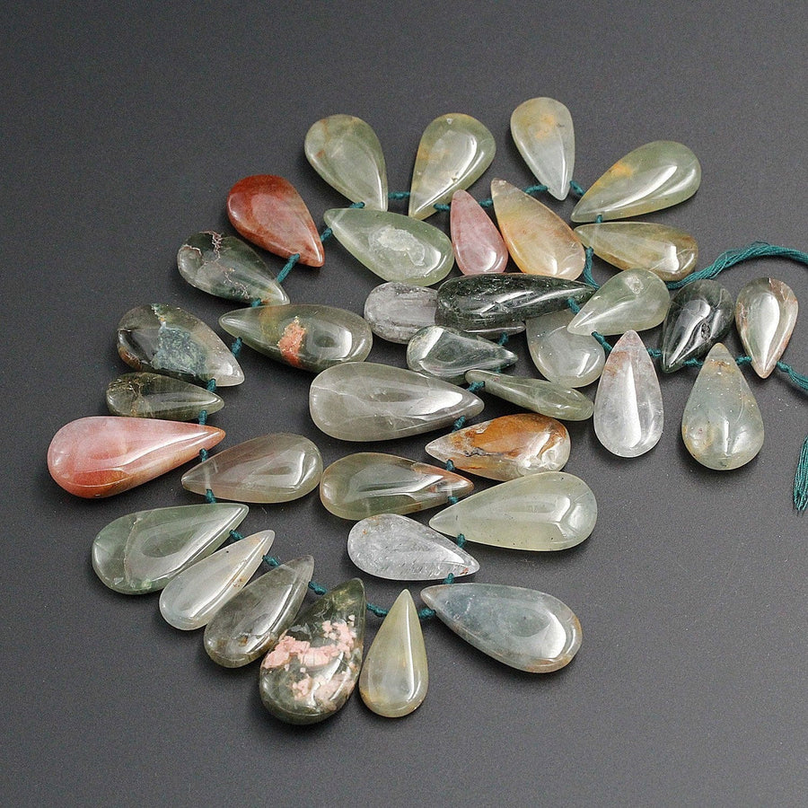 Natural Phantom Quartz Teardrop Focal Pendant Beads Top Side Drilled Natural Green Red Quartz Focal Beads Full 16" Strand