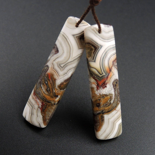 Natural Laguna Lace Agate Earring Pair Rectangle Cabochon Cab Drilled Matched Earrings Bead Pair E2738