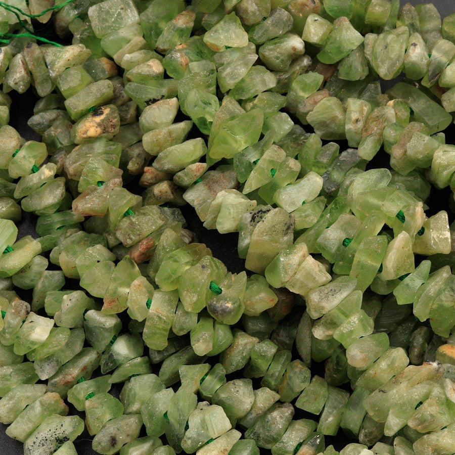 Natural Rough Peridot Beads Raw Peridot Thick Chip Nuggets Semi Polished Chunky Green Gemstone Organic Hand Hammered Nugget Full 18" Strand