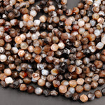 Star Cut Natural Tibetan Agate Beads Faceted 8mm Rounded Nugget Sharp Facets Brown Black Agate 15" Strand