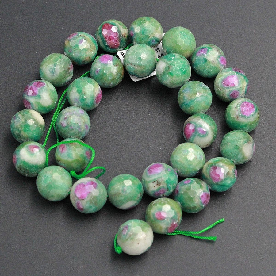 Large Faceted Natural Ruby Fuchsite Ruby Fuschite Round Beads 14mm Faceted Beads Real Genuine Red Ruby Green Fuchsite Gemstone 16" Strand