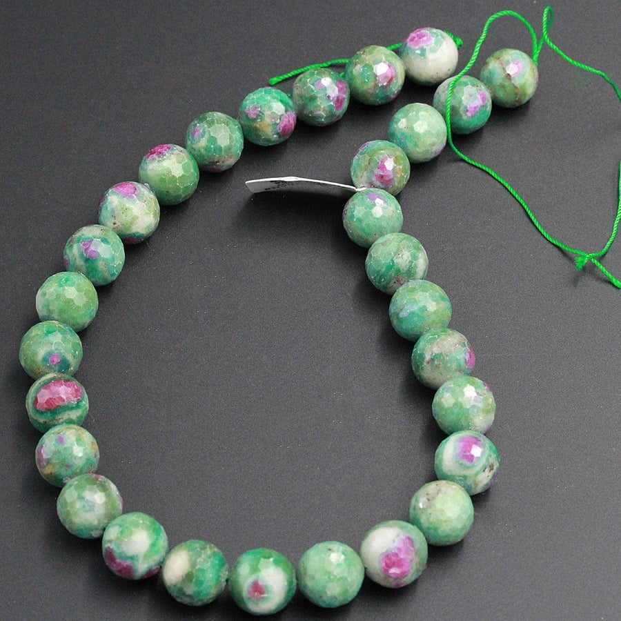 Large Faceted Natural Ruby Fuchsite Ruby Fuschite Round Beads 14mm Faceted Beads Real Genuine Red Ruby Green Fuchsite Gemstone 16" Strand