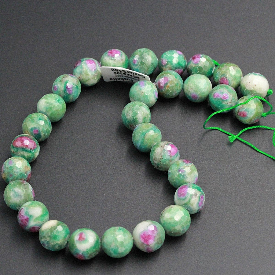 Large Faceted Natural Ruby Fuchsite Ruby Fuschite Round Beads 14mm Faceted Beads Real Genuine Red Ruby Green Fuchsite Gemstone 16" Strand