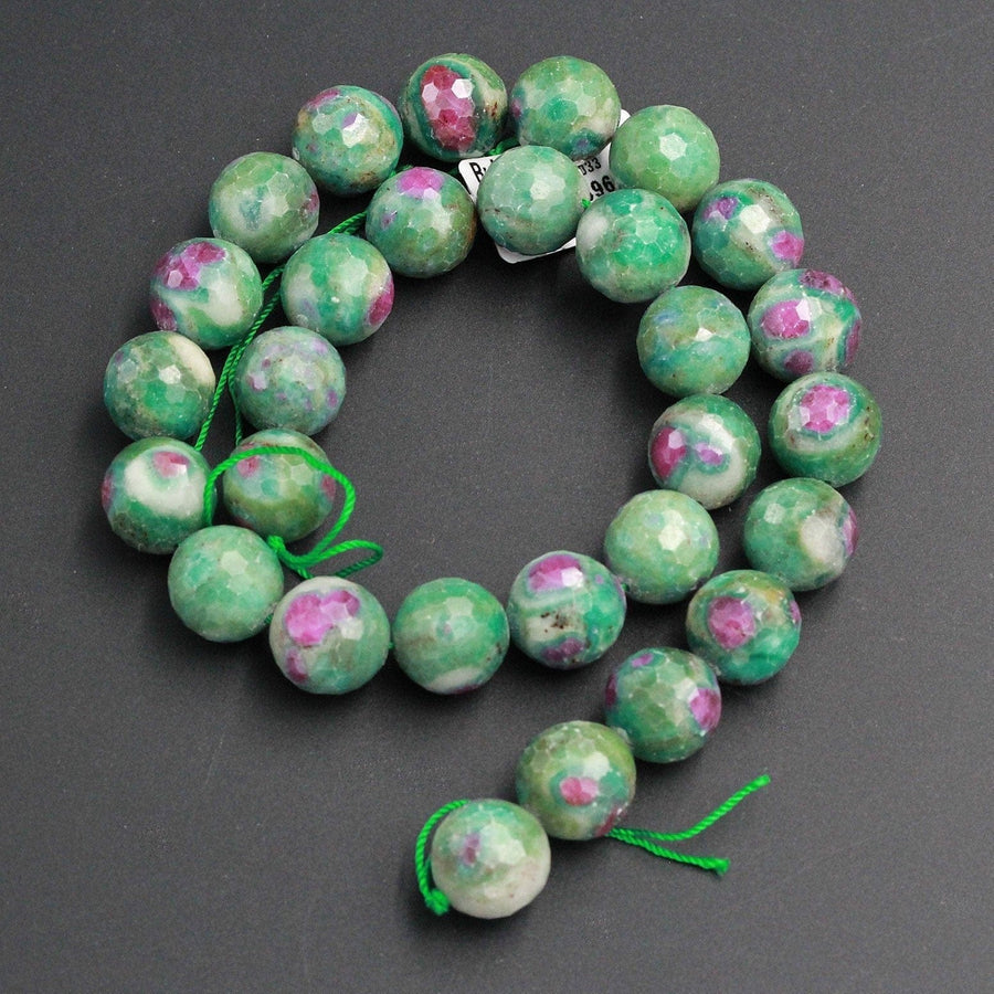 Large Faceted Natural Ruby Fuchsite Ruby Fuschite Round Beads 14mm Faceted Beads Real Genuine Red Ruby Green Fuchsite Gemstone 16" Strand