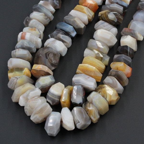 Huge Large Natural Yellow Gray Botswana Agate Faceted Rectangle Rectangular Rondelle Disc Center Drilled Nugget 16" Strand