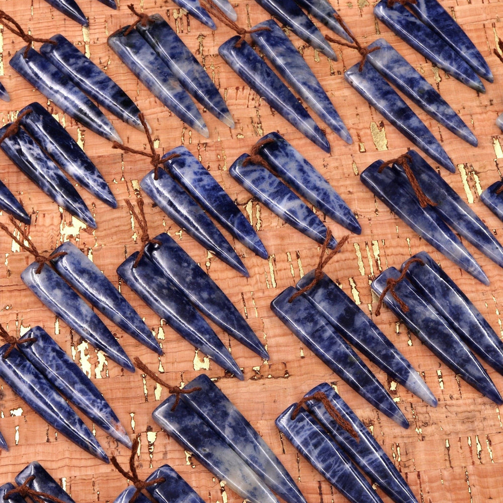 Natural Snow Mountain Blue Sodalite Earring Pair Dagger Long Triangle Cabochon Cab Drilled Matched Gemstone Bead Pair