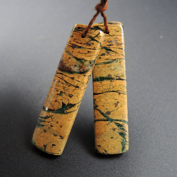 Drilled Natural Green Canyon Jasper Earring Pair Rectangle Cabochon Cab Pair Drilled Matched Earrings Bead Pair E1703