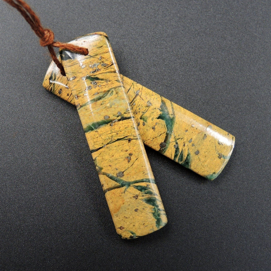 Drilled Natural Green Canyon Jasper Earring Pair Rectangle Cabochon Cab Pair Drilled Matched Earrings Bead Pair E1703