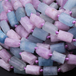 Organic Matte Finish Raw Natural Kunzite Blue Aquamarine Tube Beads High Quality Natural Violet Pink Purple Gemstone Faceted Full 16" Strand