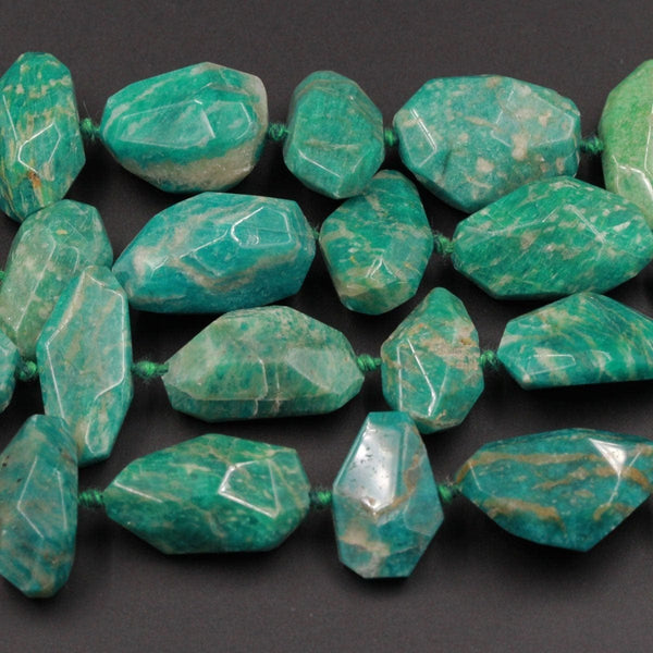 Natural Russian Amazonite Beads Chunky Large Faceted Freeform Nuggets Vertically Horizontally Drilled Green Gemstone 16" Strand