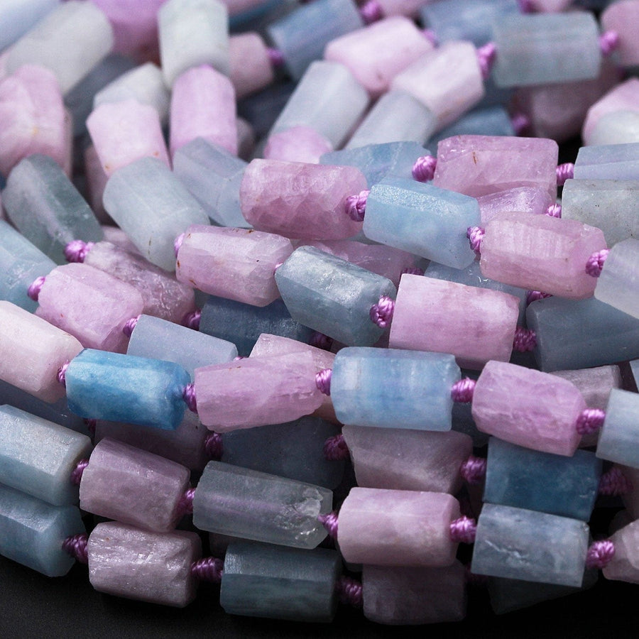 Organic Matte Finish Raw Natural Kunzite Blue Aquamarine Tube Beads High Quality Natural Violet Pink Purple Gemstone Faceted Full 16" Strand