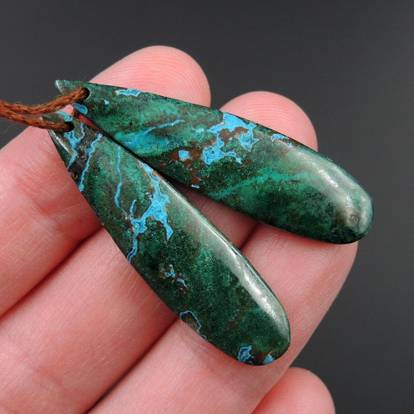 Chrysocolla Malachite Earring Pair Teardrop Cabochon Cab Pair Drilled Matched Earrings Natural Stone Bead Pair E2654