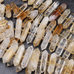 Natural Citrine Beads Faceted Double Terminated Pointed Tips Large Center Drilled Healing Natural Quartz Crystal Focal Pendant 16" Strand