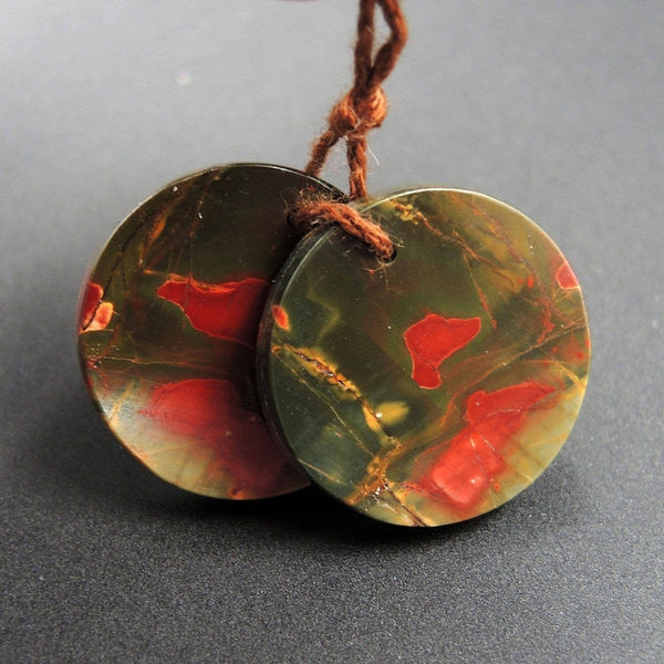 Natural Red Creek Jasper Earring Pair Cabochon Cab Pair Drilled Circle Round Matched Earrings Bead Pair E1672