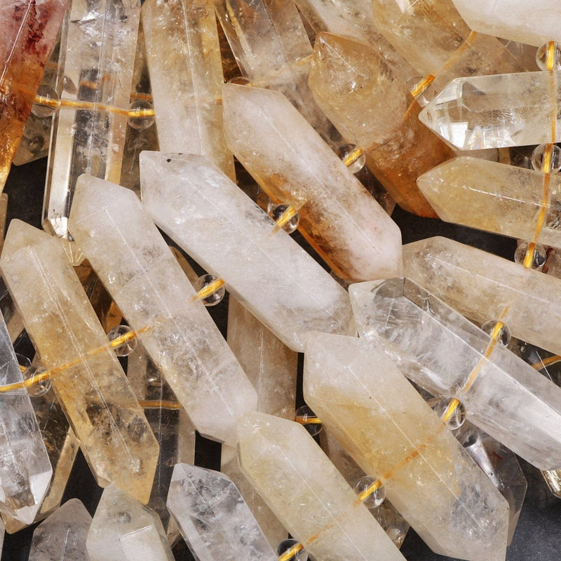 Natural Citrine Beads Faceted Double Terminated Pointed Tips Large Center Drilled Healing Natural Quartz Crystal Focal Pendant 16" Strand