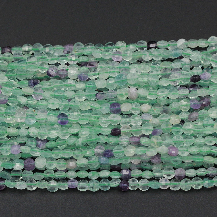 Natural Fluorite Micro Faceted 4mm Coin Flat Disc Dazzling Facets Small Stunning Gemmy Green Purple Gemstone Diamond Cut Gemstone 16" Strand