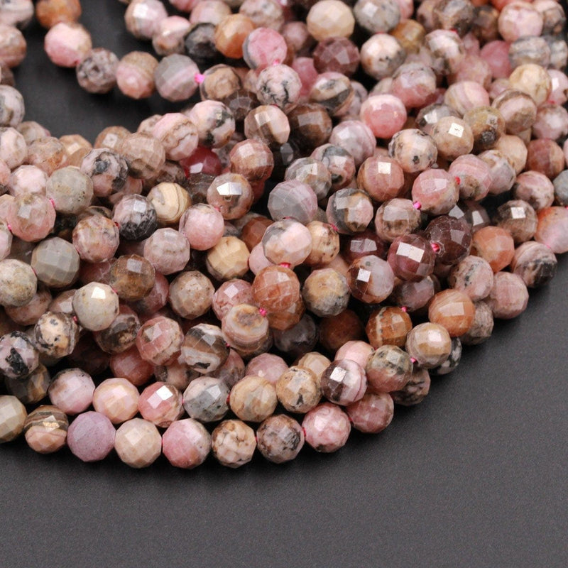 Micro Faceted Natural Pink Rhodochrosite 6mm Faceted Round Beads Laser Diamond Cut Gemstone 16" Strand