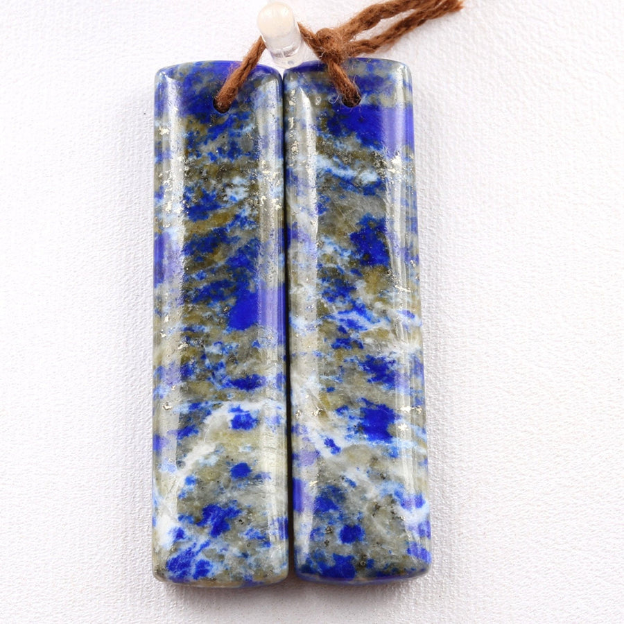 Natural Blue Lapis Earring Pair With Pyrite Long Rectangle Cabochon Cab Drilled Gemstone Matched Earring Beads Pair