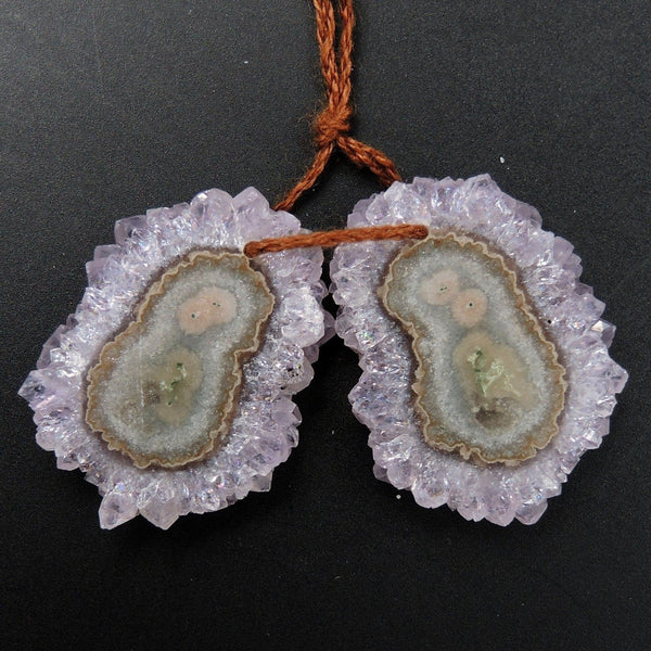 Natural Amethyst Stalactite Flower Earring Pair Cabochon Cab Pair Drilled Matched Earrings Bead Pair E3206