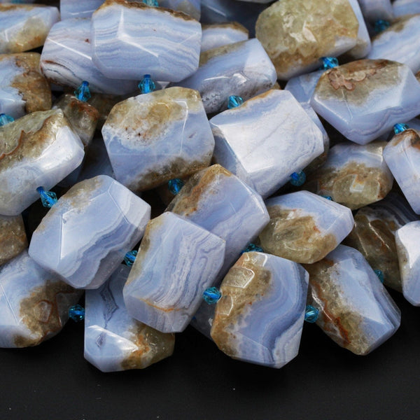Natural Blue Lace Agate Beads Large Faceted Rectangle Beads Blue Chalcedony Focal Bead Pendant Interesting Yellow Brown Matrix 16" Strand
