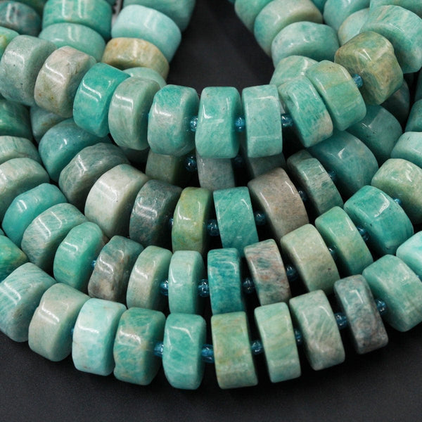 Large Natural Russian Amazonite Rondelle Disc Thick Wheel Nugget Beads Center Drilled Coin Sea Green Gemstone 16" Strand
