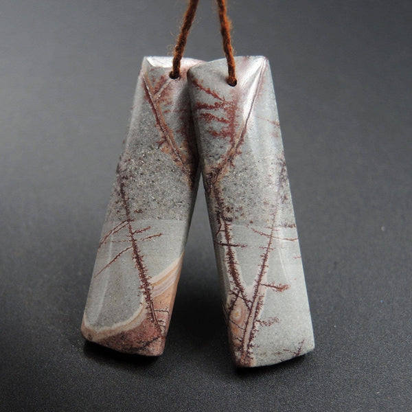 Natural Sonora Dendritic Rhyolite Earring Pair Rectangle Cabochon Cab Pair Drilled Matched Earrings Bead Pair E1612