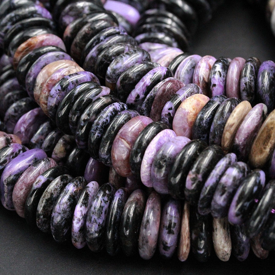 Large Chunky Natural Charorite Rounded Disc Beads Purple Russian Charoite 16mm 18mm FreeForm Center Drilled Button Rondelle beads 16" Strand