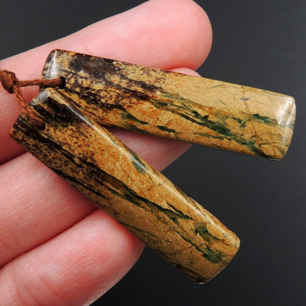 Drilled Natural Green Canyon Jasper Earring Pair Rectangle Cabochon Cab Pair Drilled Matched Earrings Bead Pair E3142