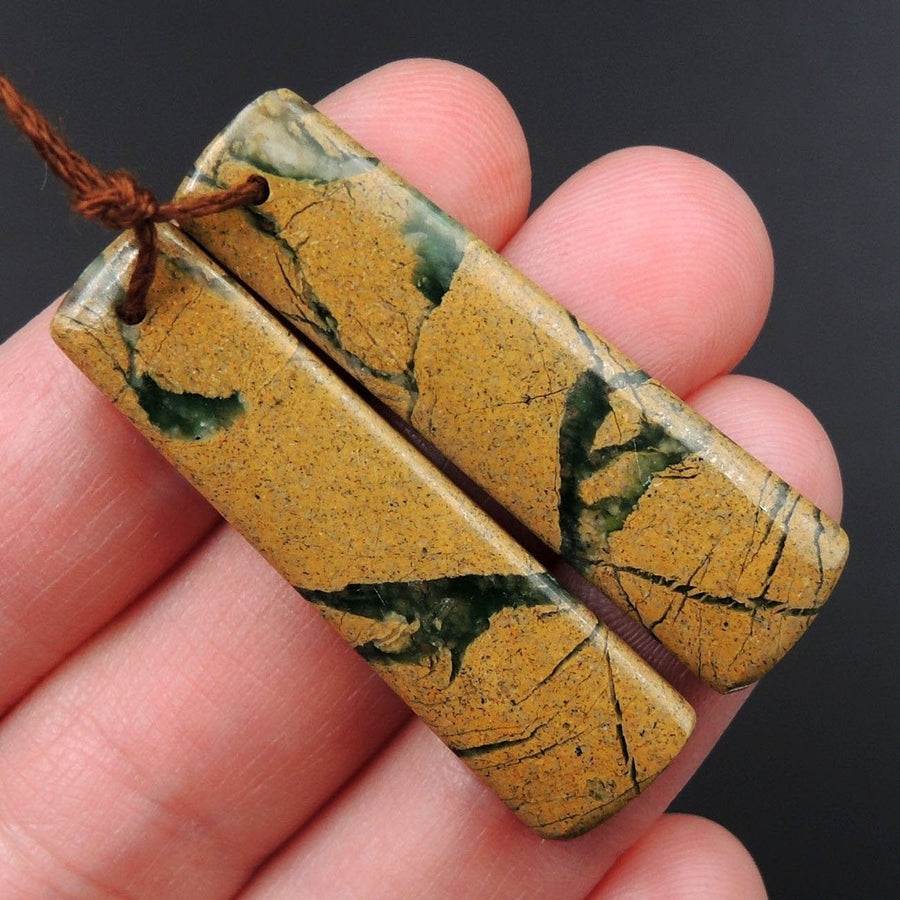 Drilled Natural Green Canyon Jasper Earring Pair Rectangle Cabochon Cab Pair Drilled Matched Earrings Bead Pair E3151