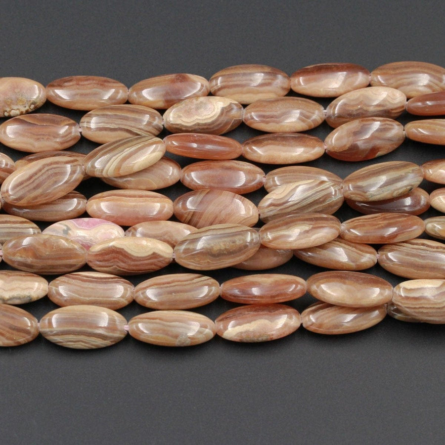 Natural Brown Rhodcrosite Beads Skinny Thin Long Oval Beads Earthy Brown Interesting Caramel Peach Matrix High Polish Beads 16" Strand